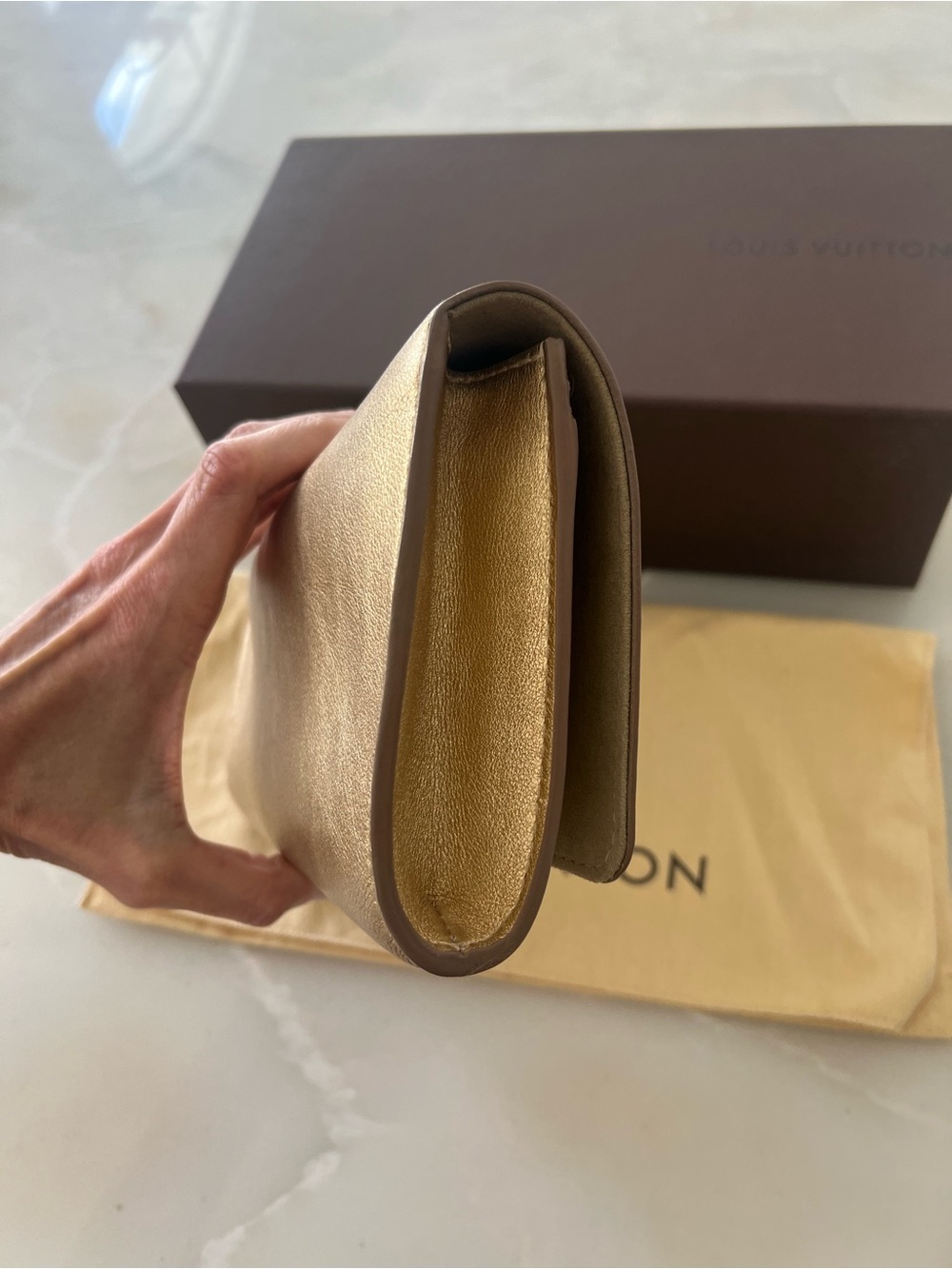 Authentic Louis Vuitton Louise MM Metallic Gold Leather Envelope Clutch Bag - Picture 8 of 10
